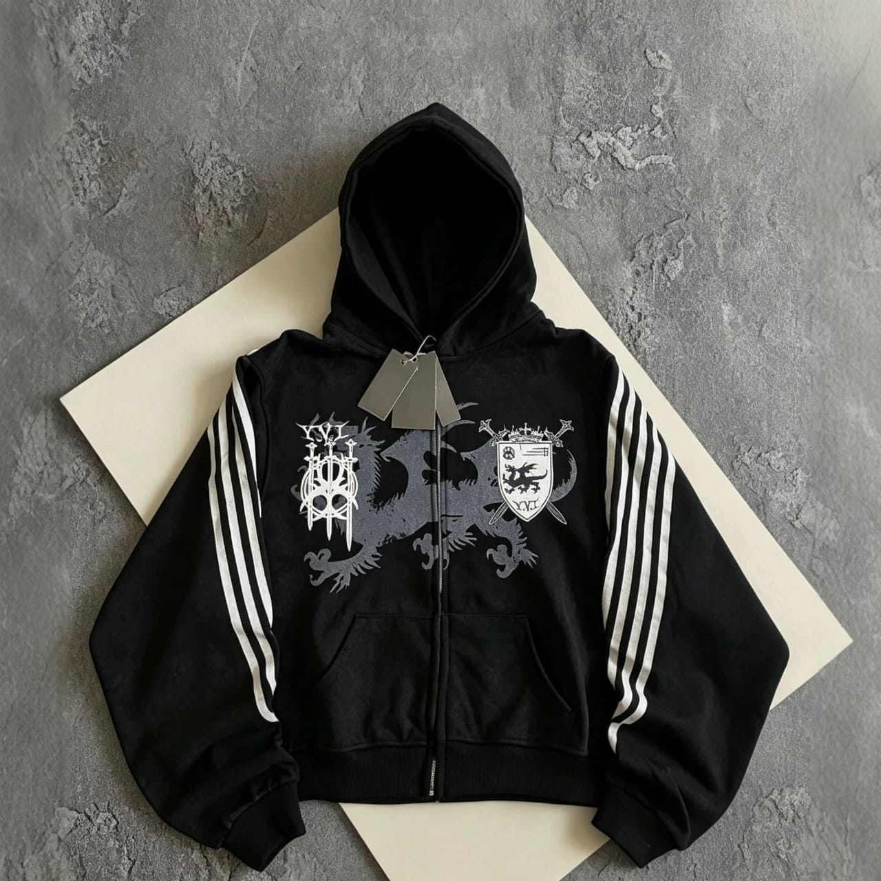 Crest Graphic Striped-Sleeve Hoodie