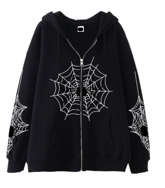 Spider Web Print Zip Hoodie