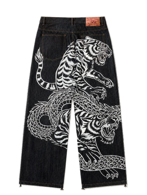 Tiger & Dragon Print Raw Denim Jeans