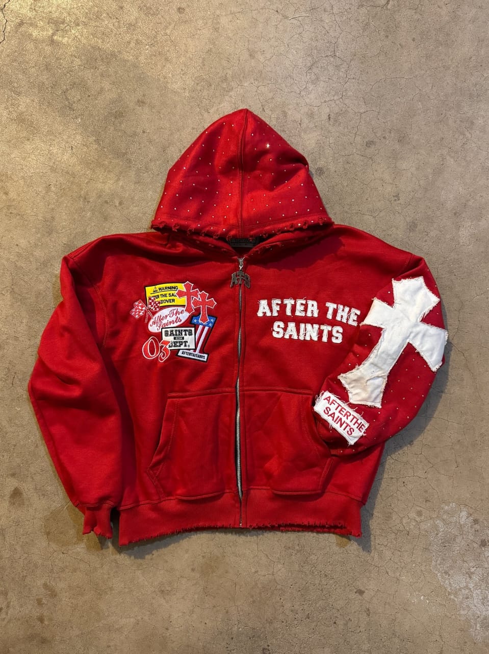 Distressed Cross Patch Zip Hoodie