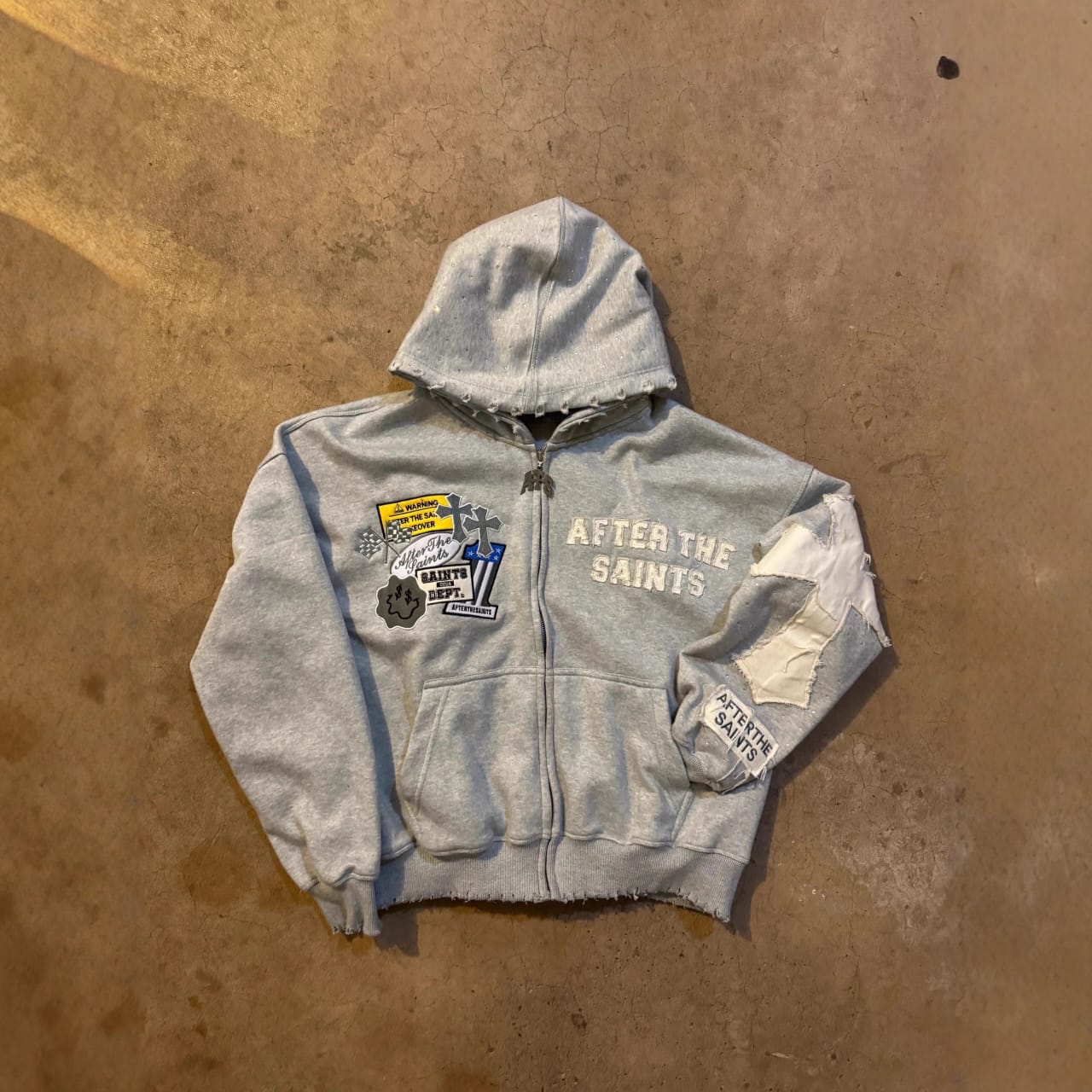 Distressed Cross Patch Zip Hoodie