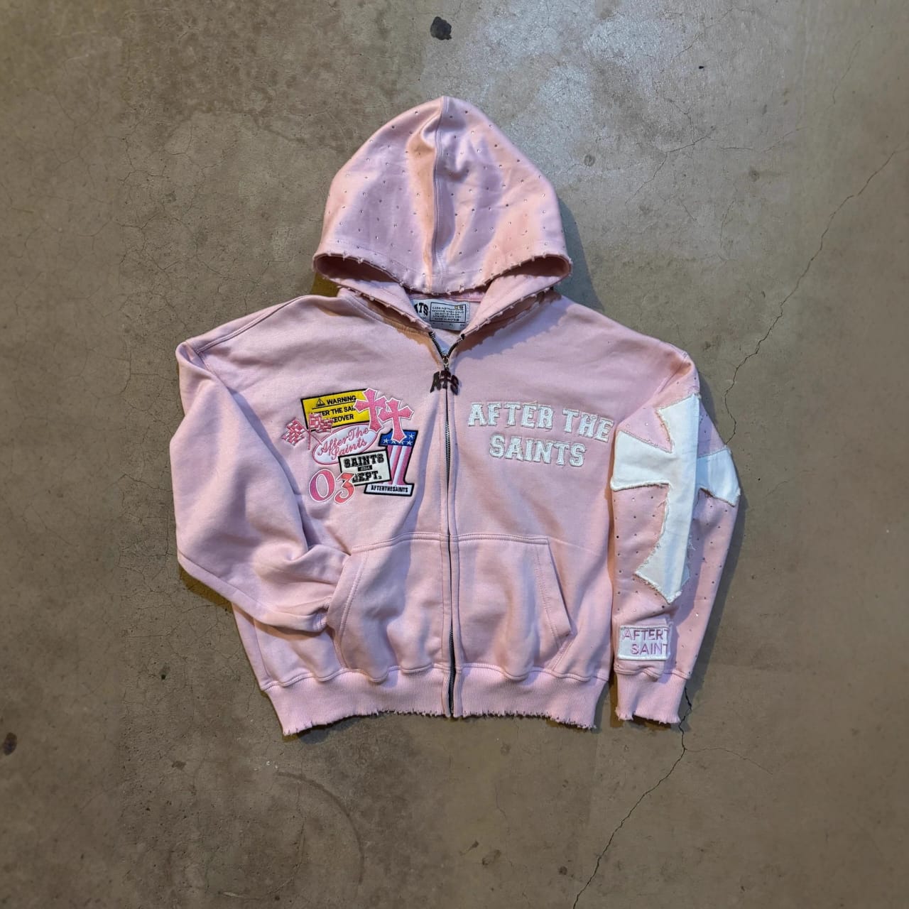 Distressed Cross Patch Zip Hoodie