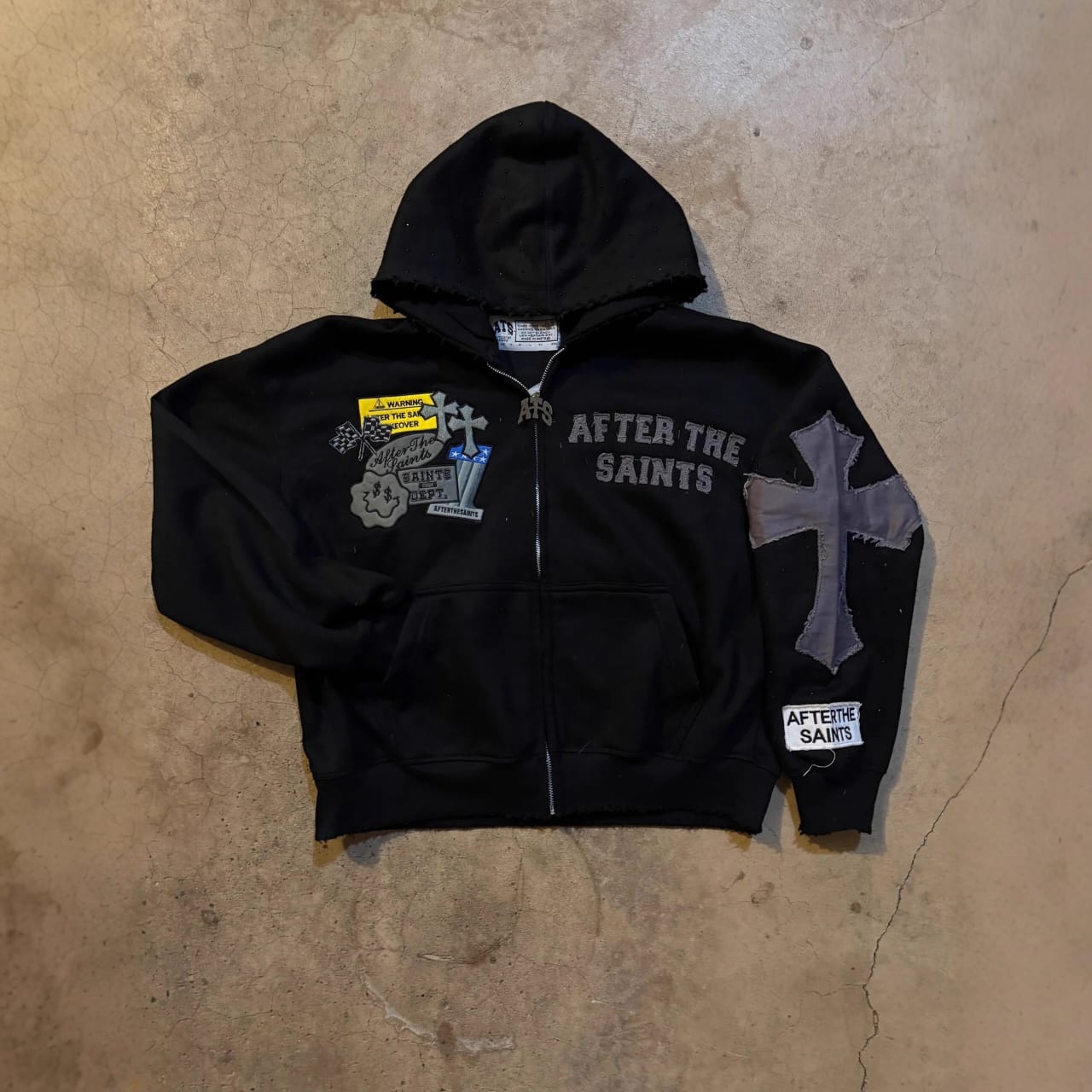 Distressed Cross Patch Zip Hoodie