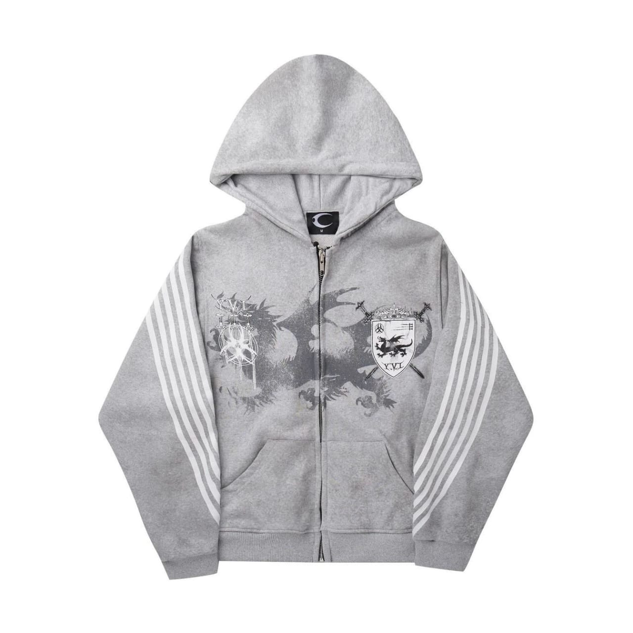 Crest Graphic Striped-Sleeve Hoodie