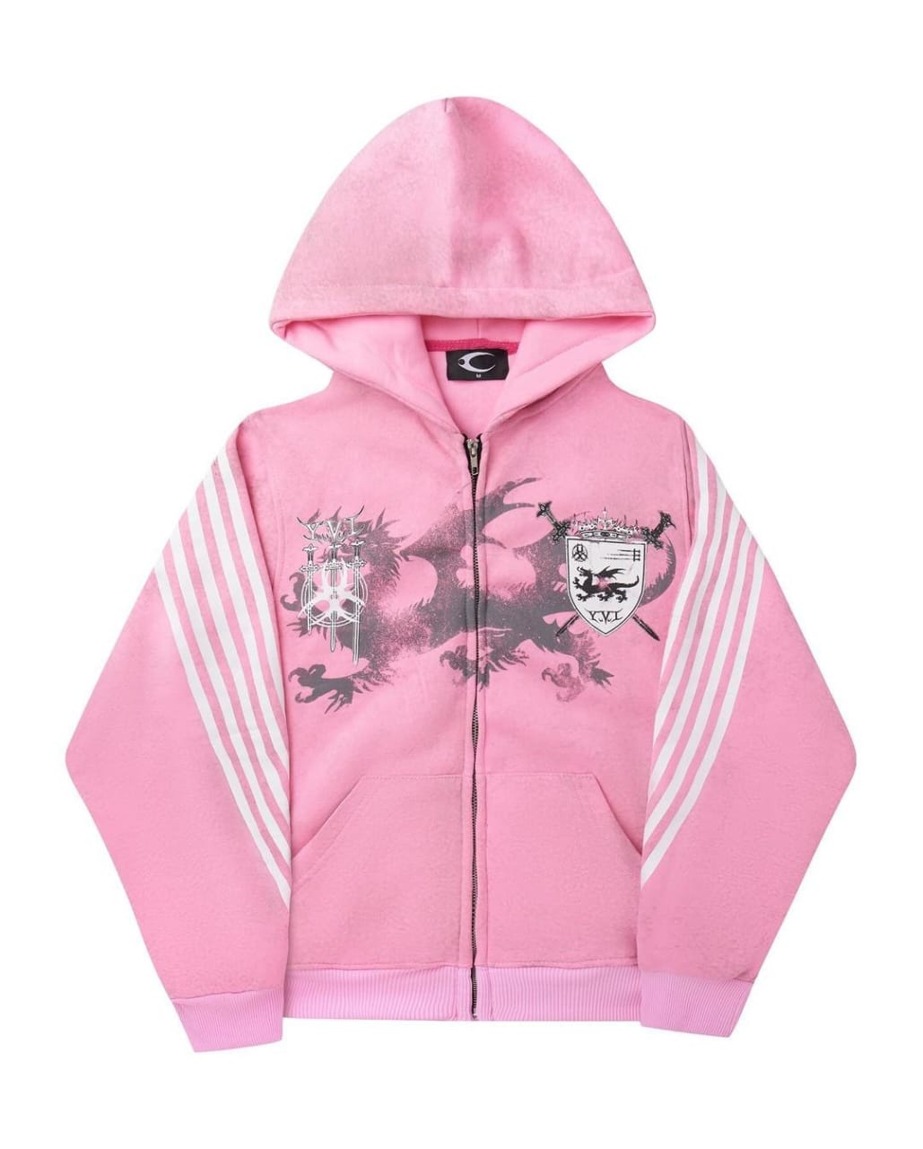Crest Graphic Striped-Sleeve Hoodie
