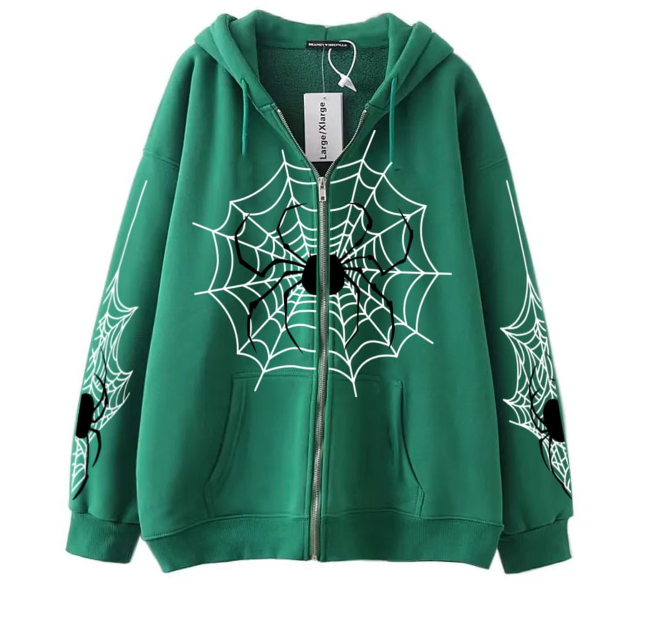 Spider Web Print Zip Hoodie