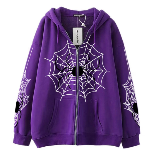 Spider Web Print Zip Hoodie