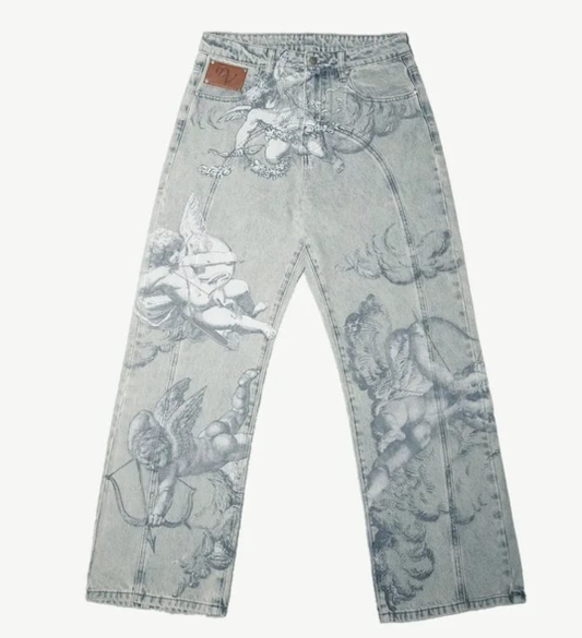 Cherub Print Wide-Leg Jeans