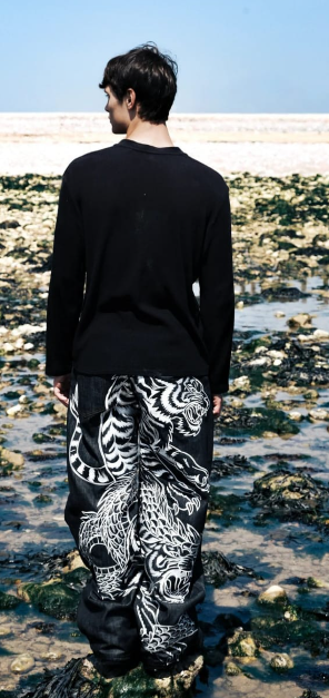 Tiger & Dragon Print Raw Denim Jeans